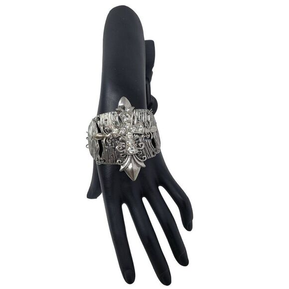 Silver Tone‎ Wide Articulated Bracelet Rhinestone Coptic Maltese Cross Pirate - Picture 5 of 7